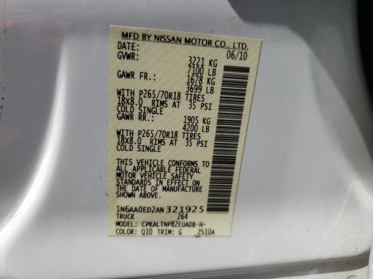 Photo 10 from auction – 2010 NISSAN TITAN XE with VIN 1N6AA0ED2AN321925