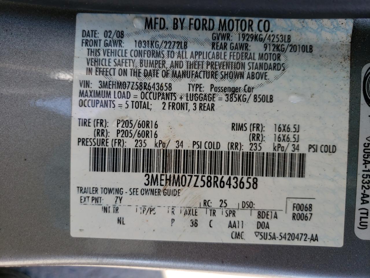 Photo 10 from auction – 2008 MERCURY MILAN with VIN 3MEHM07Z58R643658