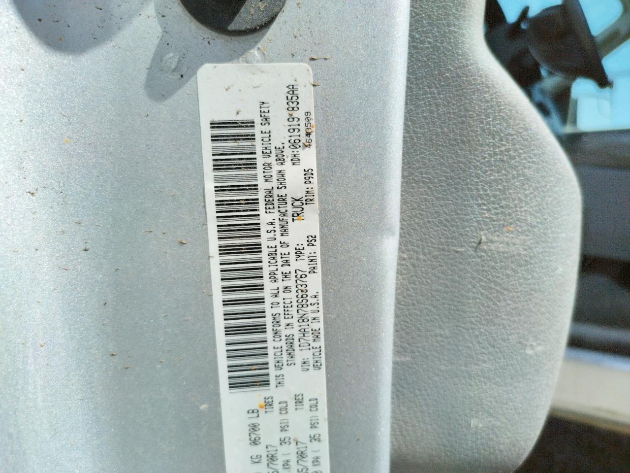 Photo 10 from auction – 2008 DODGE RAM 1500 S with VIN 1D7HA18N78S633767