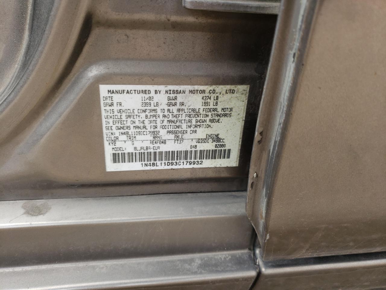Photo 10 from auction – 2003 NISSAN ALTIMA SE with VIN 1N4BL11D93C179932