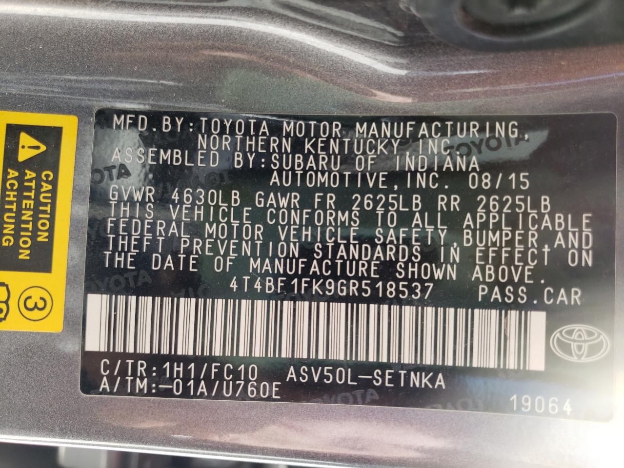 Photo 10 from auction – 2016 TOYOTA CAMRY LE with VIN 4T4BF1FK9GR518537