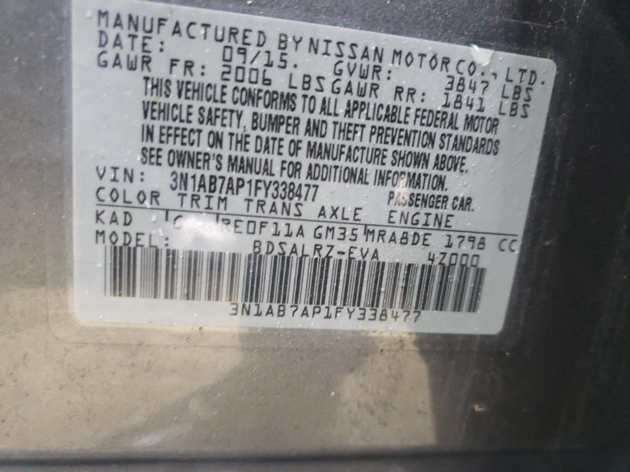 Photo 20 from auction – 2015 NISSAN SENTRA S with VIN 3N1AB7AP1FY338477