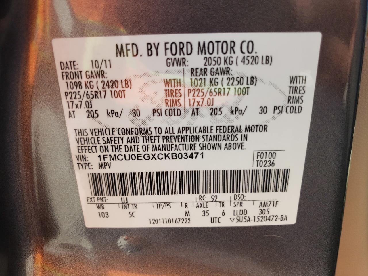 Photo 10 from auction – 2012 FORD ESCAPE LIM with VIN 1FMCU0EGXCKB03471