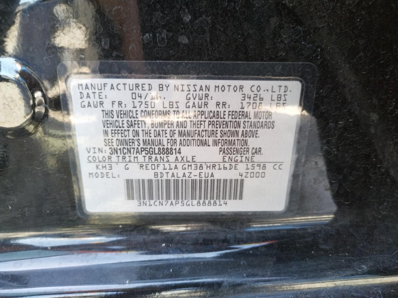 Photo 10 from auction – 2016 NISSAN VERSA S with VIN 3N1CN7AP5GL888814