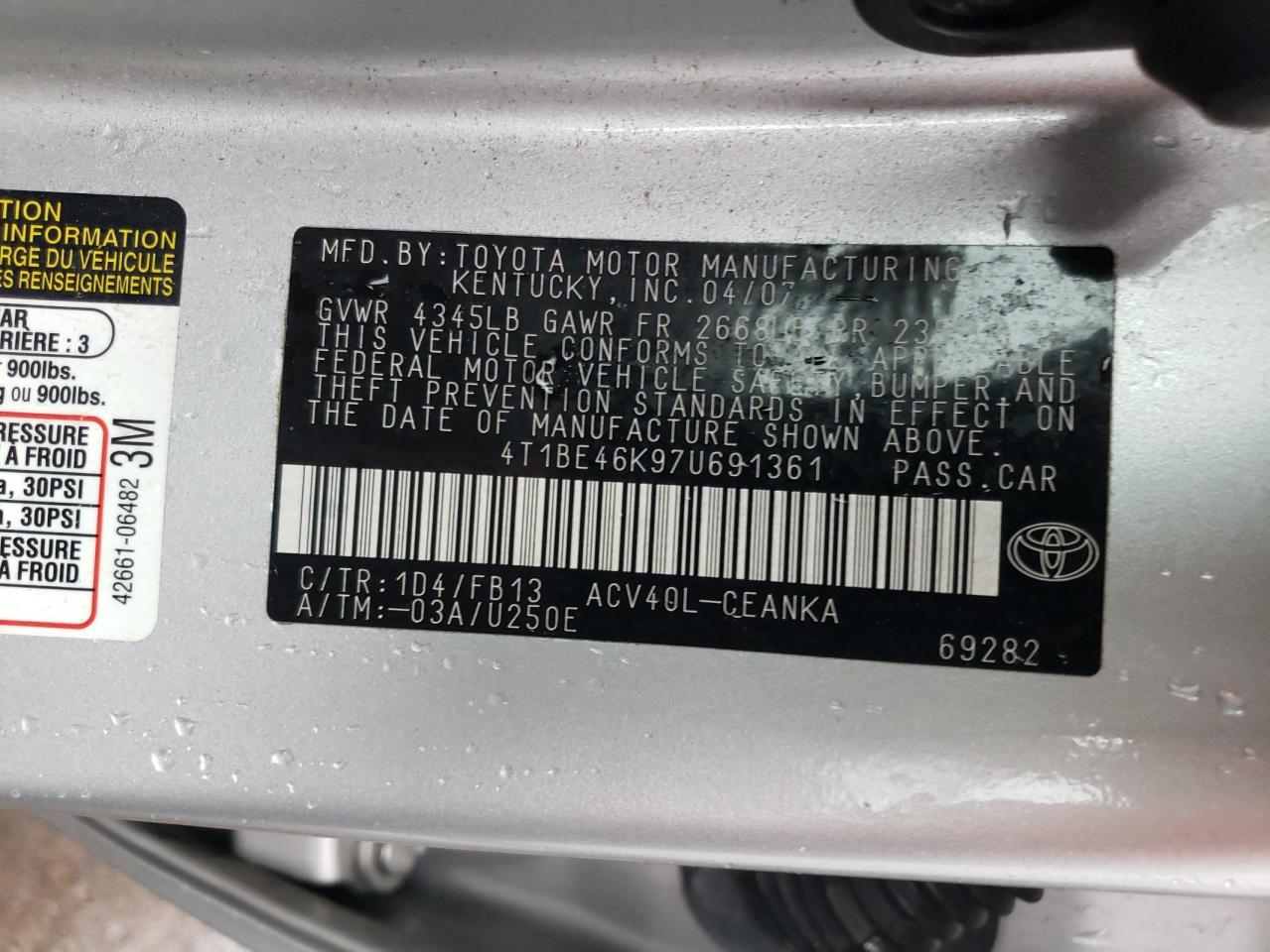 Photo 10 from auction – 2007 TOYOTA CAMRY with VIN 4T1BE46K97U691361