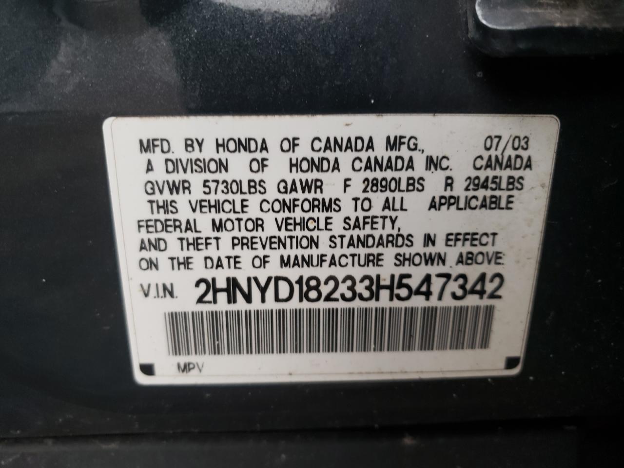 Photo 10 from auction – 2003 ACURA MDX with VIN 2HNYD18233H547342