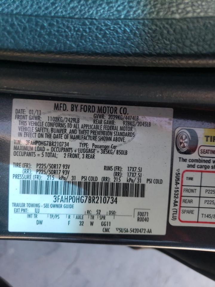 Photo 10 from auction – 2011 FORD FUSION SE with VIN 3FAHP0HG7BR210734