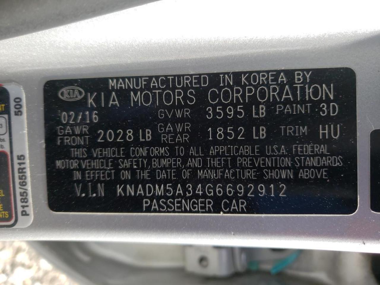 Photo 10 from auction – 2016 KIA RIO LX with VIN KNADM5A34G6692912