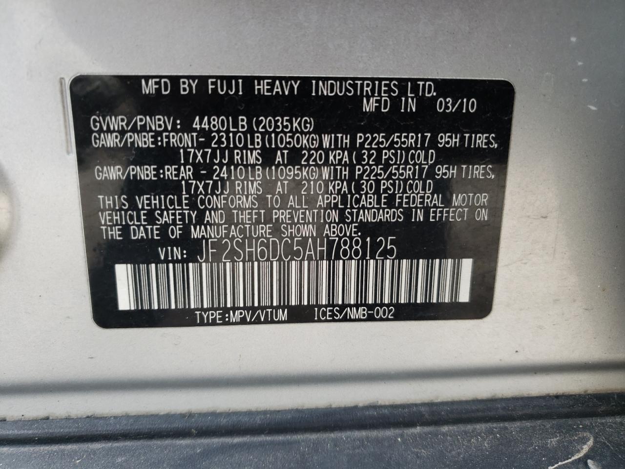 Photo 10 from auction – 2010 SUBARU FORESTER 2 with VIN JF2SH6DC5AH788125