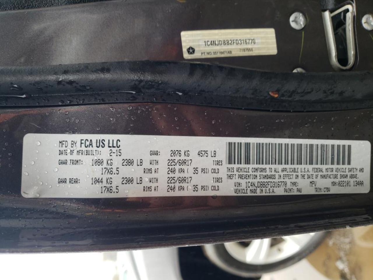 Photo 10 from auction – 2015 JEEP COMPASS SP with VIN 1C4NJDBB2FD316770