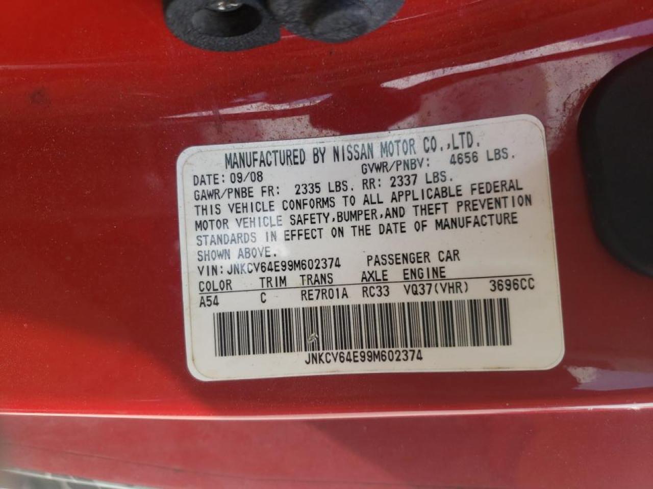 Photo 10 from auction – 2009 INFINITI G37 BASE with VIN JNKCV64E99M602374