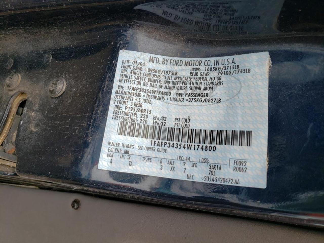 Photo 10 from auction – 2004 FORD FOCUS SE C with VIN 1FAFP34354W174800