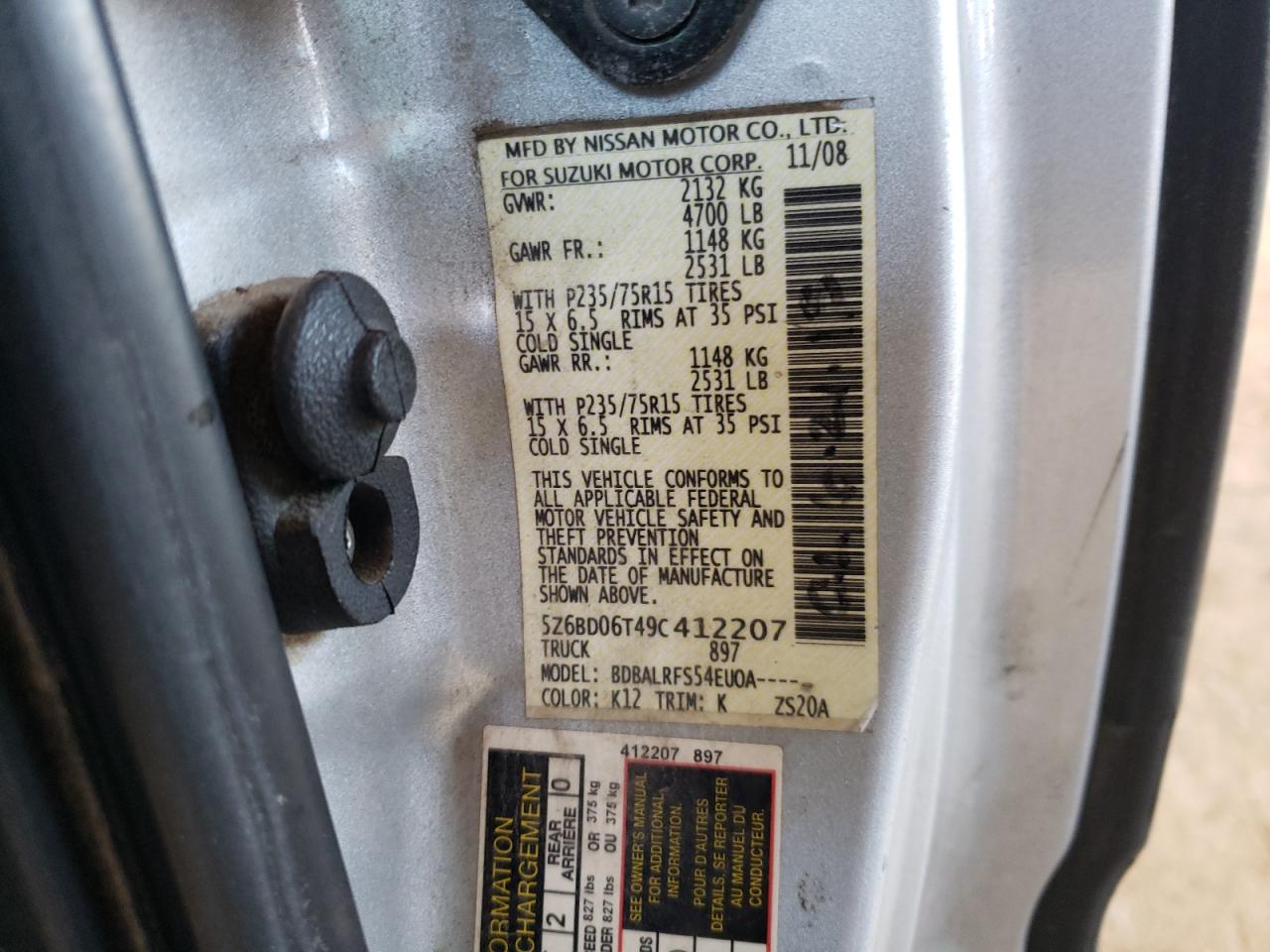 Photo 10 from auction – 2009 SUZUKI EQUATOR BA with VIN 5Z6BD06T49C412207
