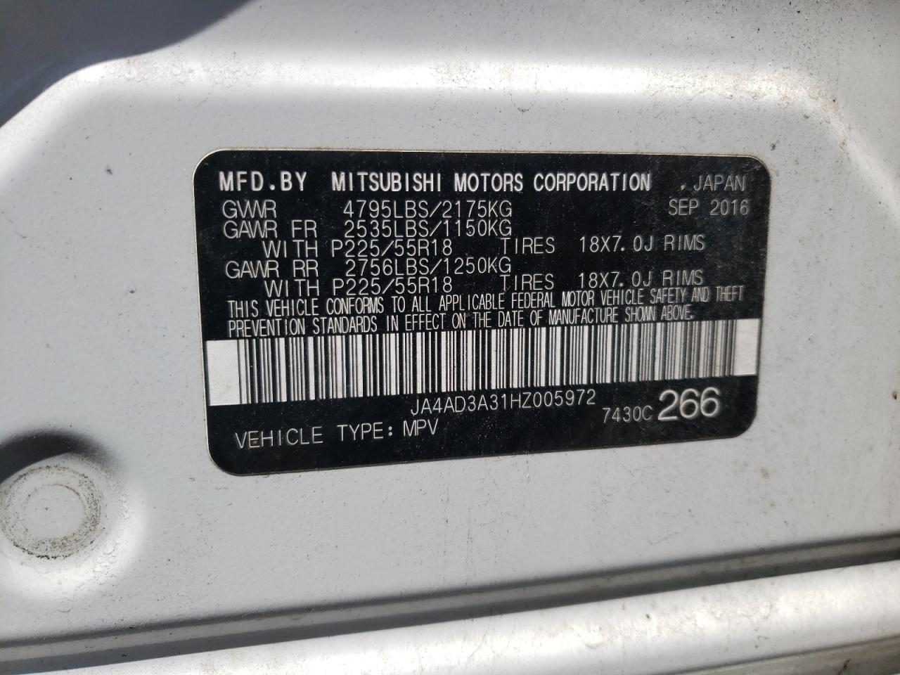 Photo 10 from auction – 2017 MITSUBISHI OUTLANDER with VIN JA4AD3A31HZ005972