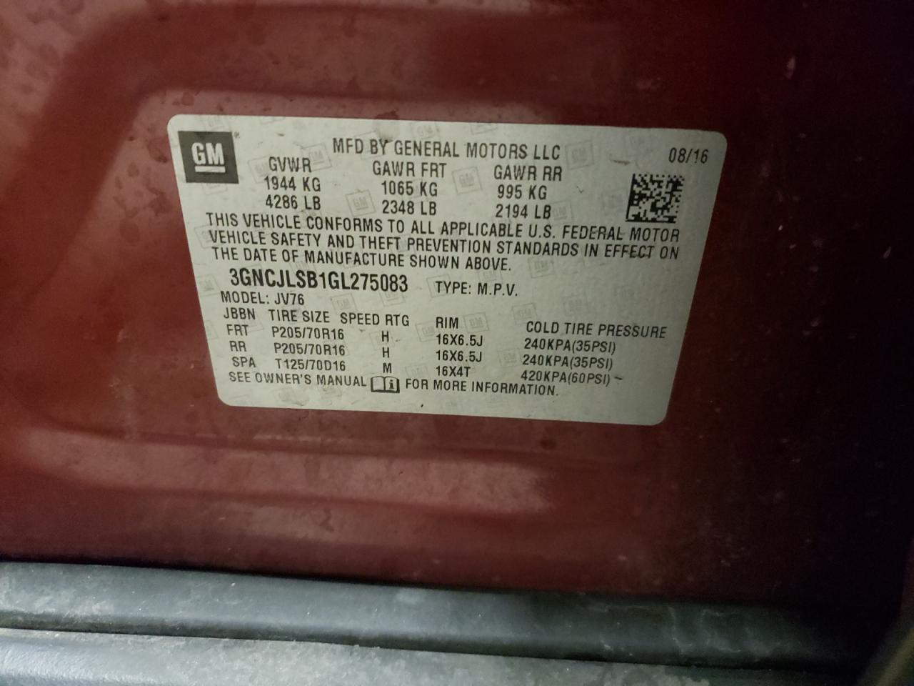 Photo 10 from auction – 2016 CHEVROLET TRAX 1LT with VIN 3GNCJLSB1GL275083