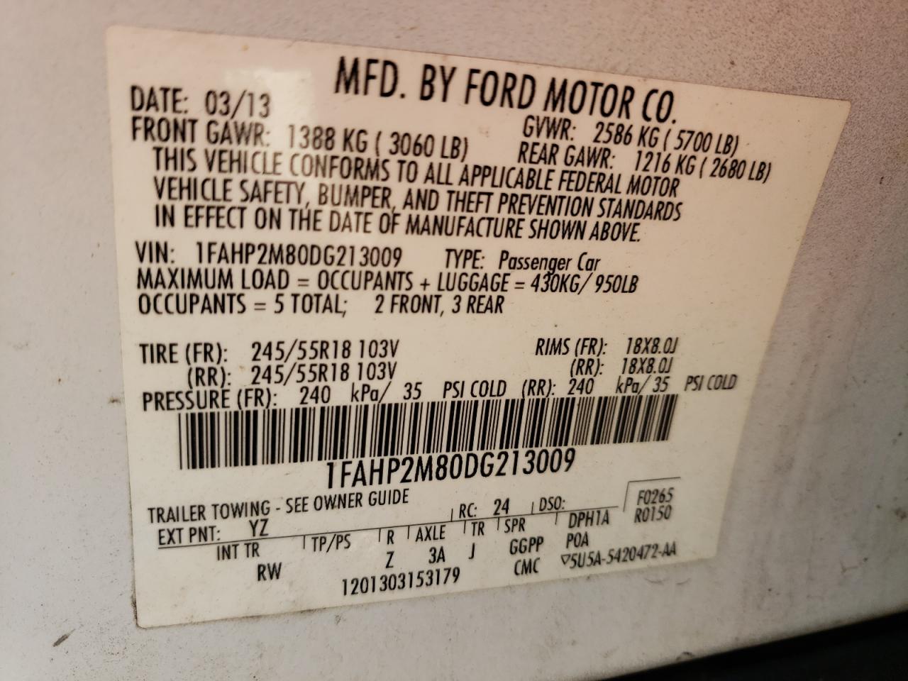 Photo 10 from auction – 2013 FORD TAURUS POL with VIN 1FAHP2M80DG213009