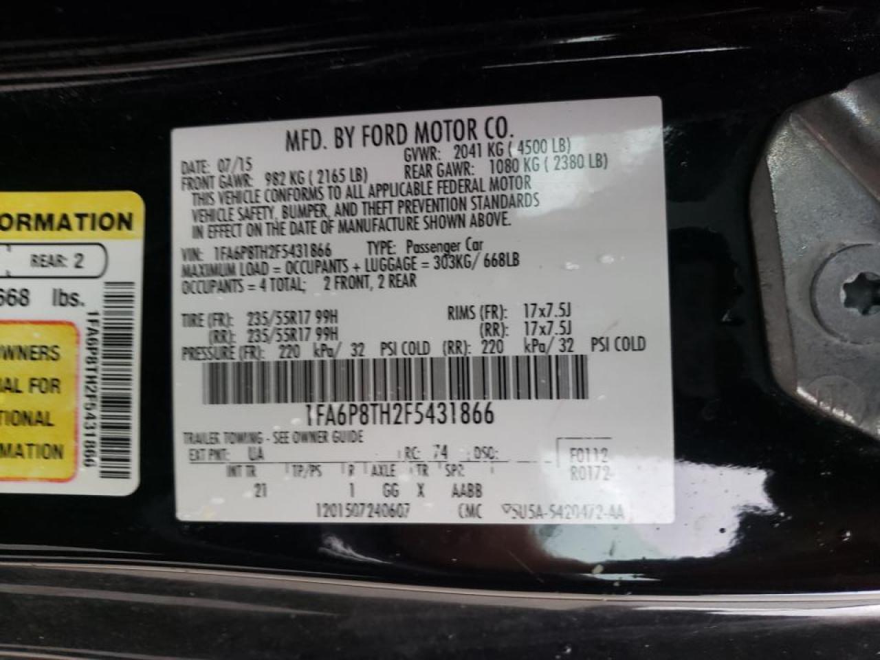 Photo 10 from auction – 2015 FORD MUSTANG with VIN 1FA6P8TH2F5431866