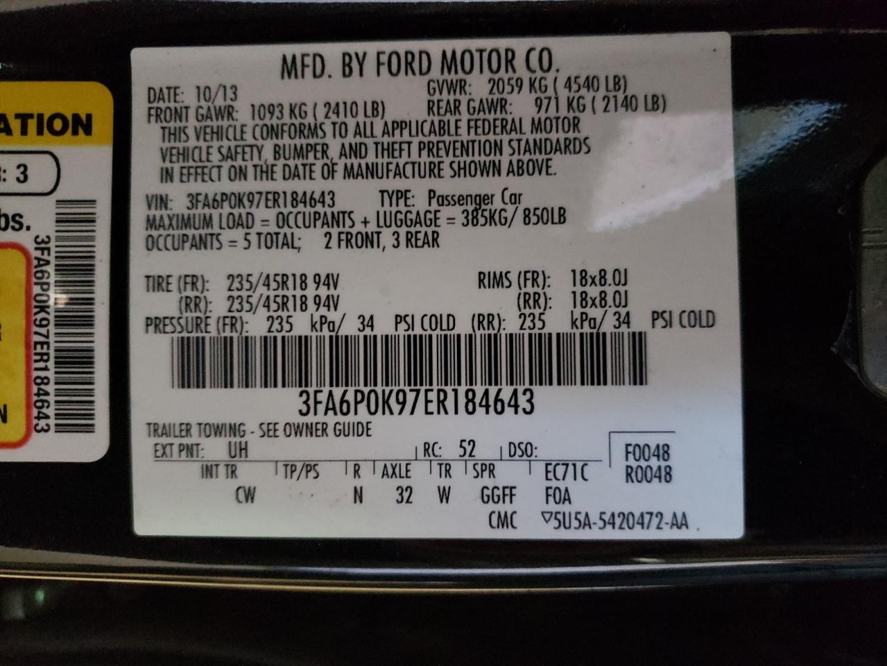 Photo 10 from auction – 2014 FORD FUSION TIT with VIN 3FA6P0K97ER184643