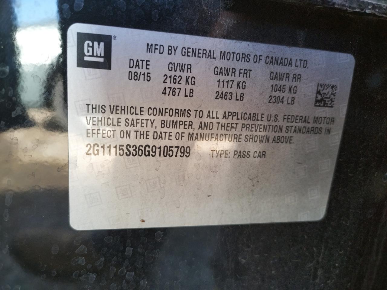 Photo 10 from auction – 2016 CHEVROLET IMPALA LT with VIN 2G1115S36G9105799
