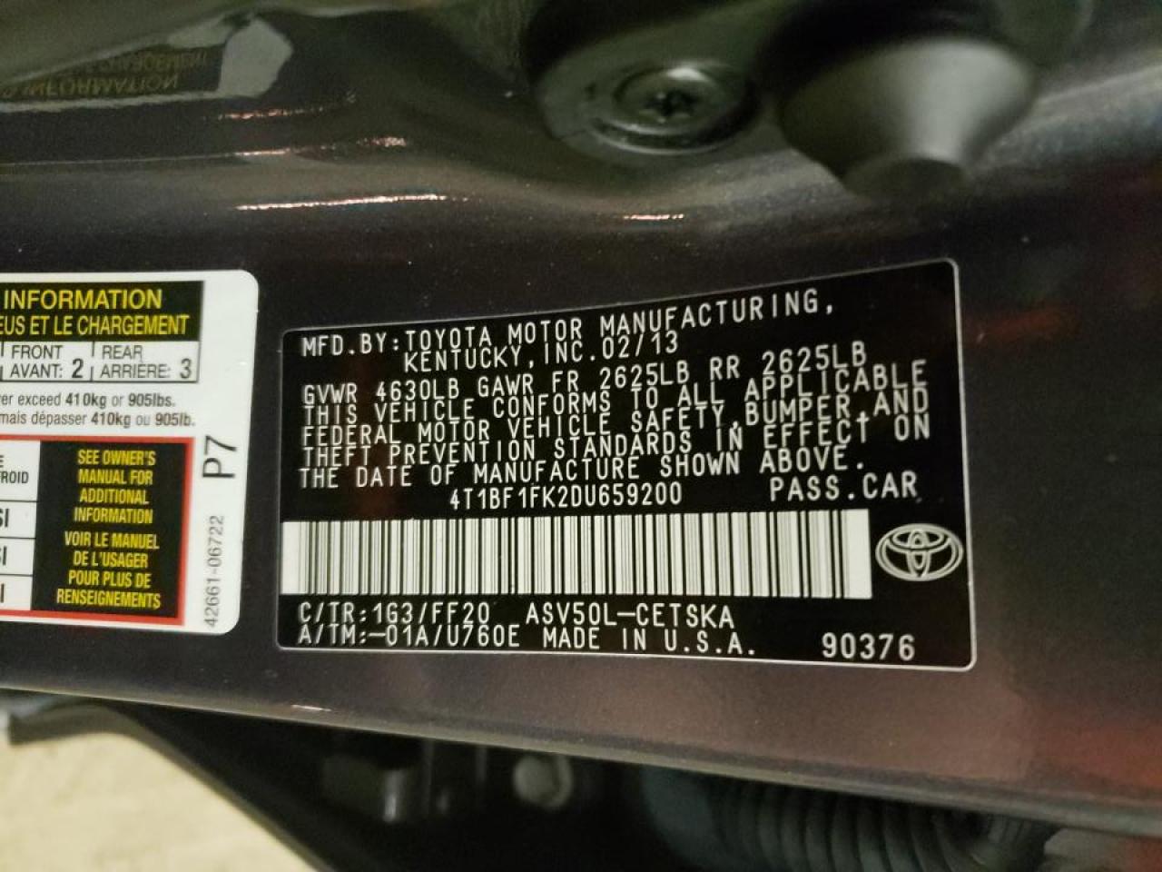 Photo 10 from auction – 2013 TOYOTA CAMRY L with VIN 4T1BF1FK2DU659200