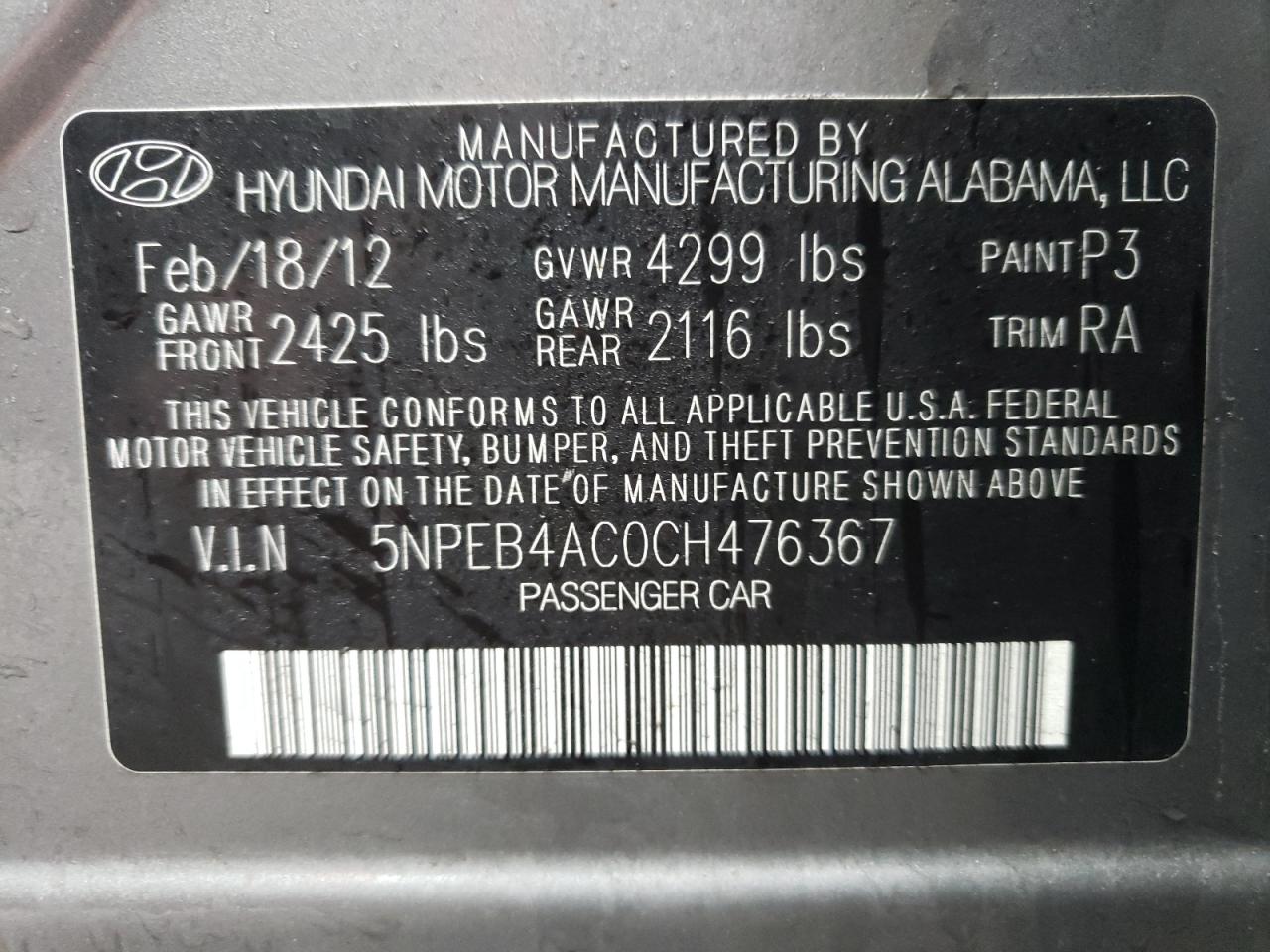 Photo 10 from auction – 2012 HYUNDAI SONATA GLS with VIN 5NPEB4AC0CH476367