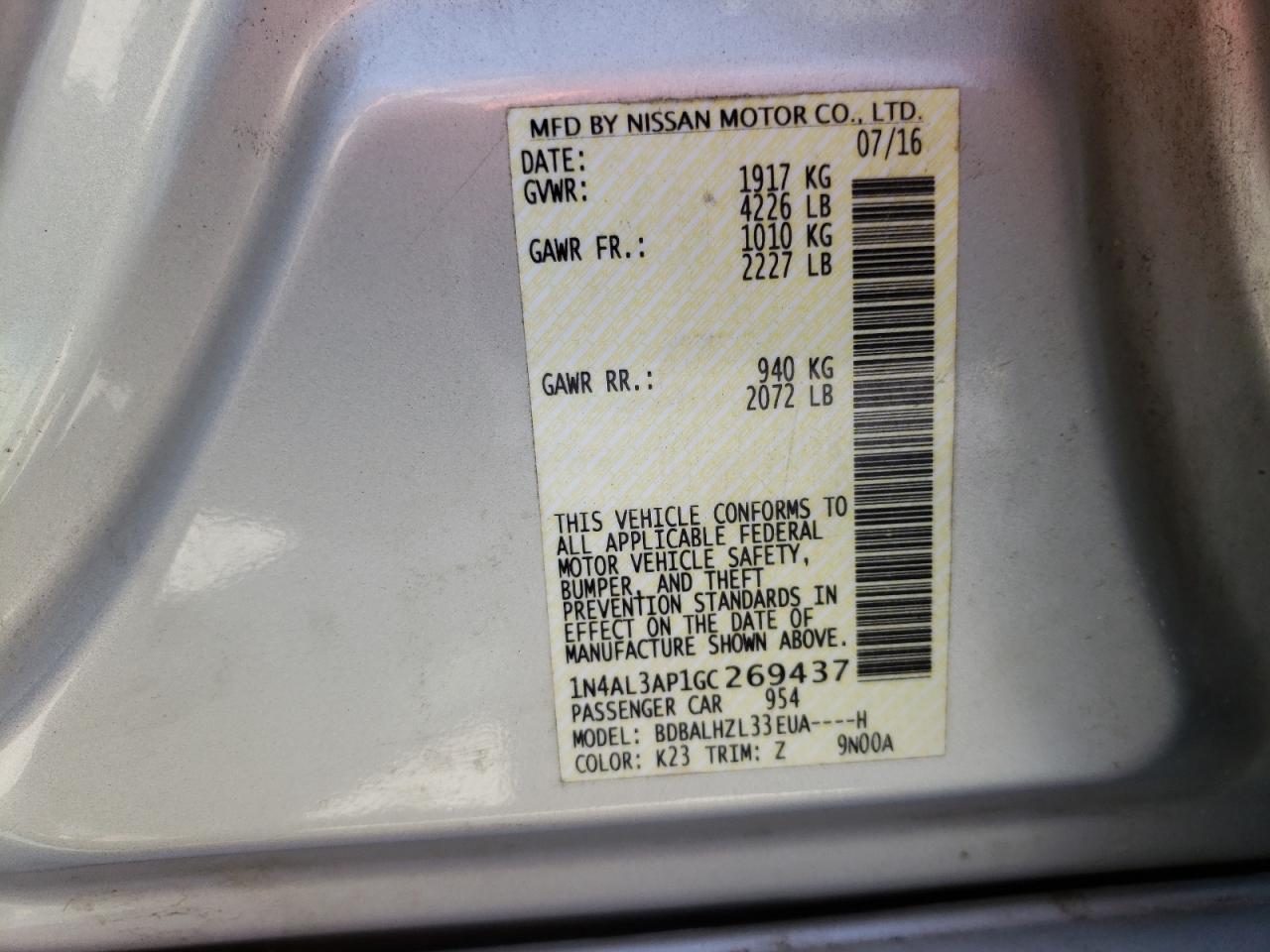 Photo 10 from auction – 2016 NISSAN ALTIMA 2.5 with VIN 1N4AL3AP1GC269437