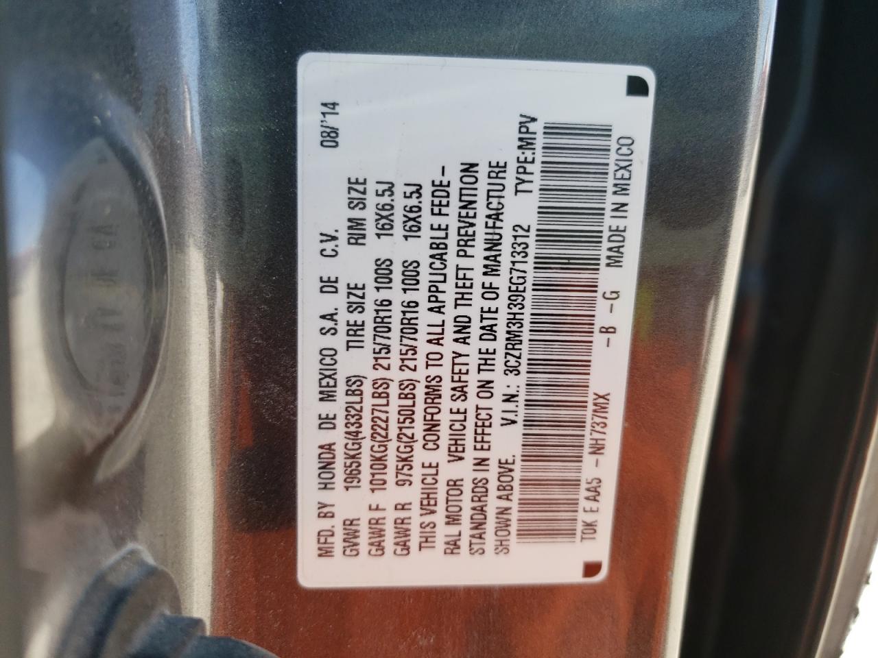 Photo 10 from auction – 2014 HONDA CR-V LX with VIN 3CZRM3H39EG713312