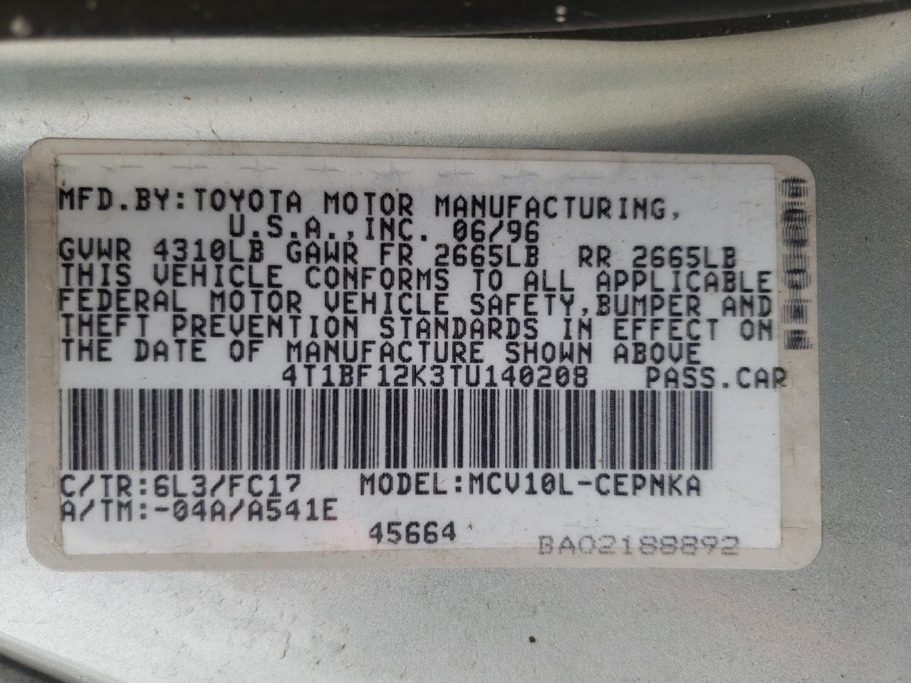 Photo 10 from auction – 1996 TOYOTA CAMRY LE with VIN 4T1BF12K3TU140208