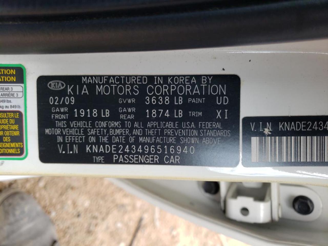 Photo 10 from auction – 2009 KIA RIO 5 SX with VIN KNADE243496516940