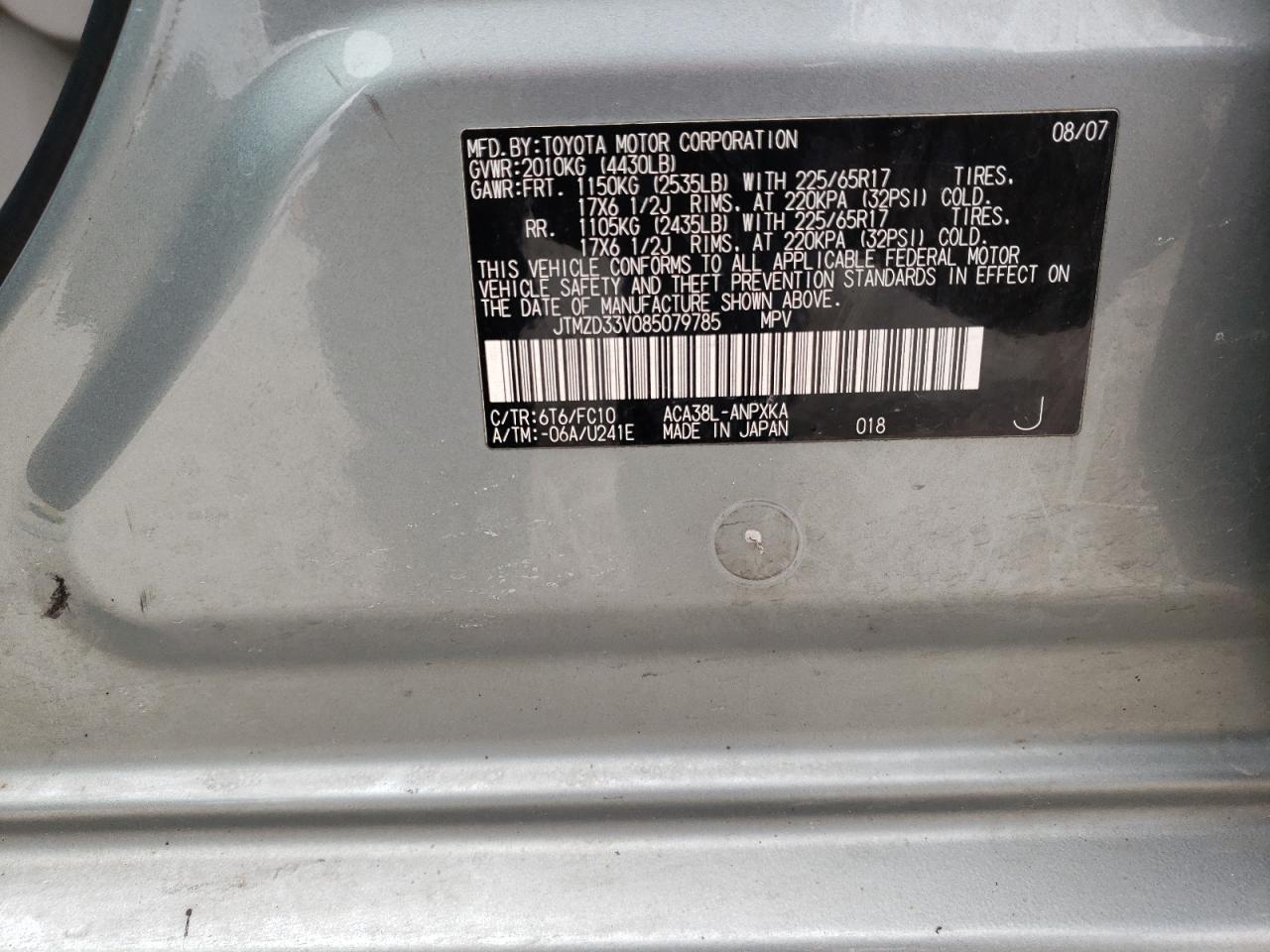 Photo 10 from auction – 2008 TOYOTA RAV4 with VIN JTMZD33V085079785