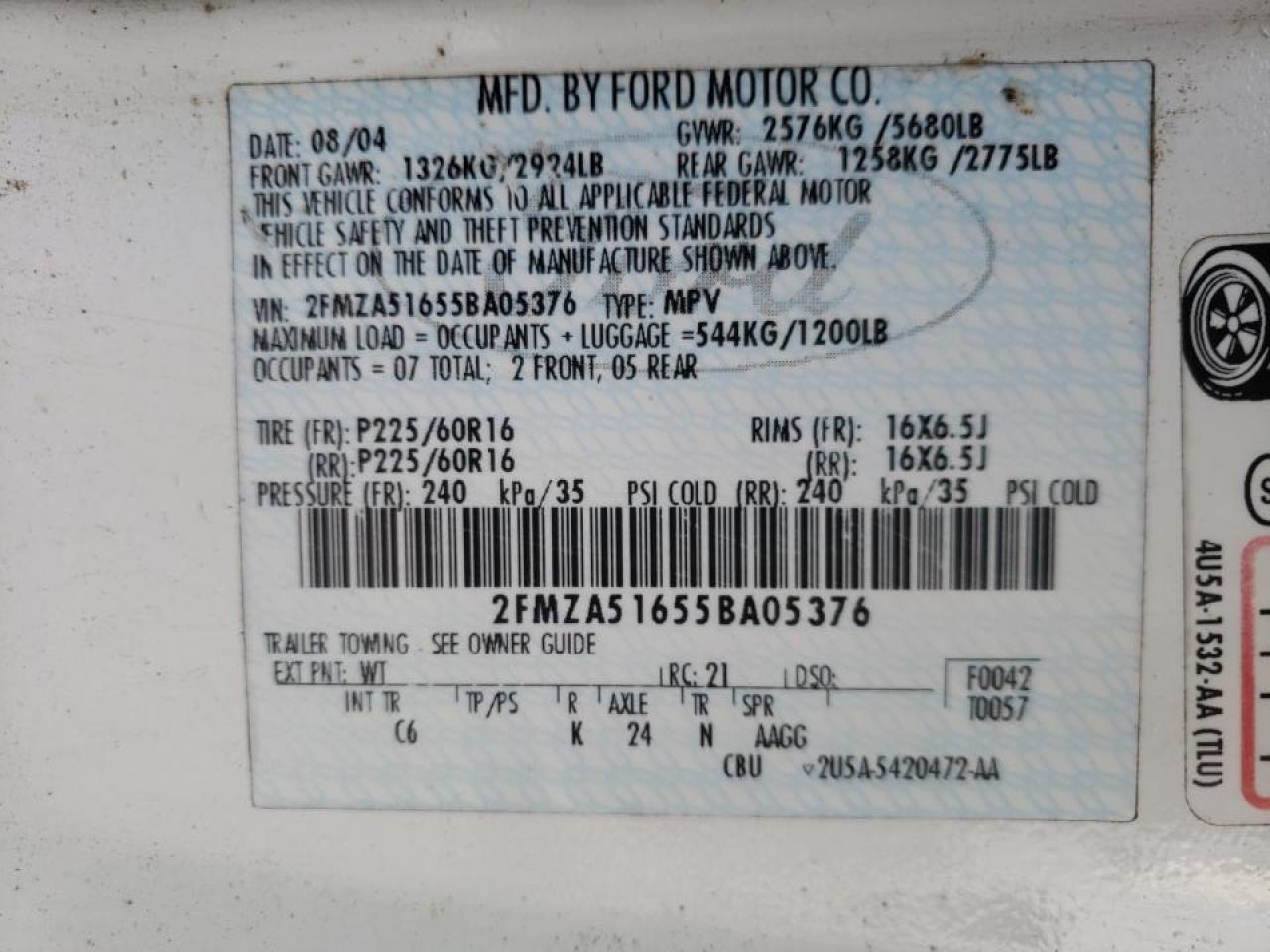 Photo 10 from auction – 2005 FORD FREESTAR S with VIN 2FMZA51655BA05376