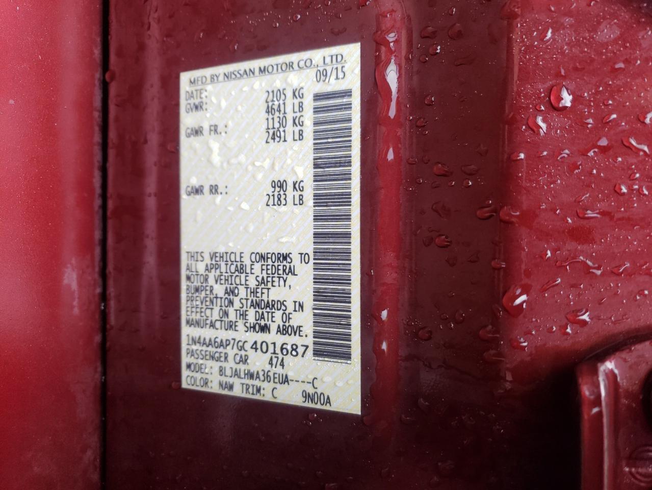 Photo 10 from auction – 2016 NISSAN MAXIMA 3.5 with VIN 1N4AA6AP7GC401687