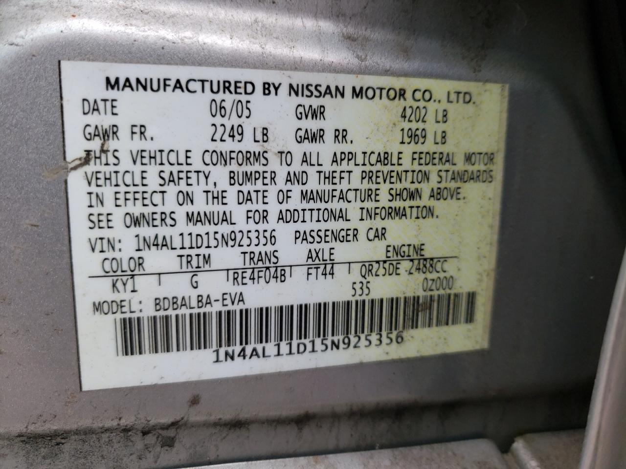 Photo 10 from auction – 2005 NISSAN ALTIMA S with VIN 1N4AL11D15N925356