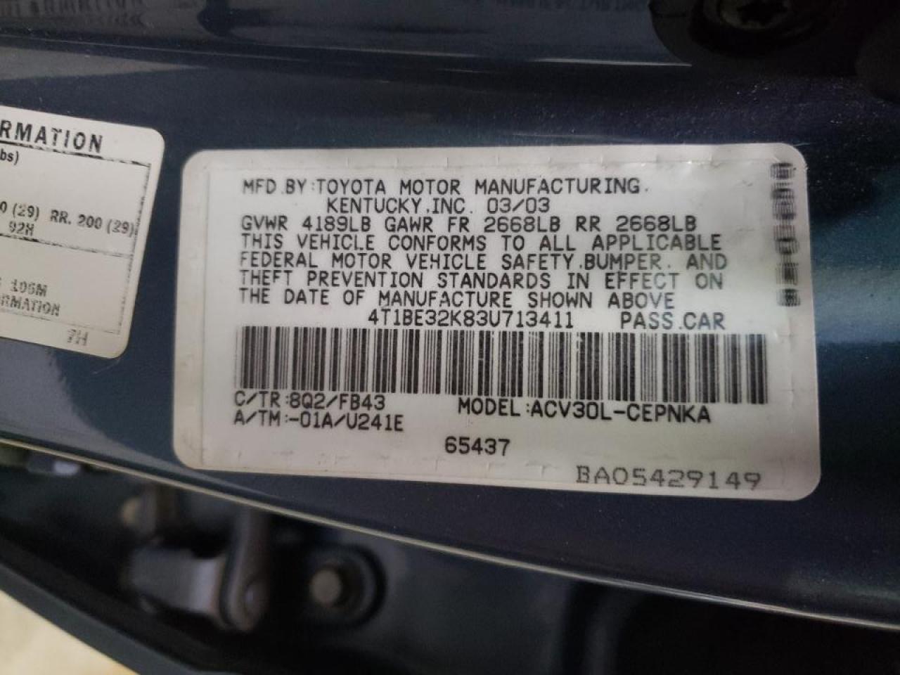 Photo 10 from auction – 2003 TOYOTA CAMRY LE with VIN 4T1BE32K83U713411