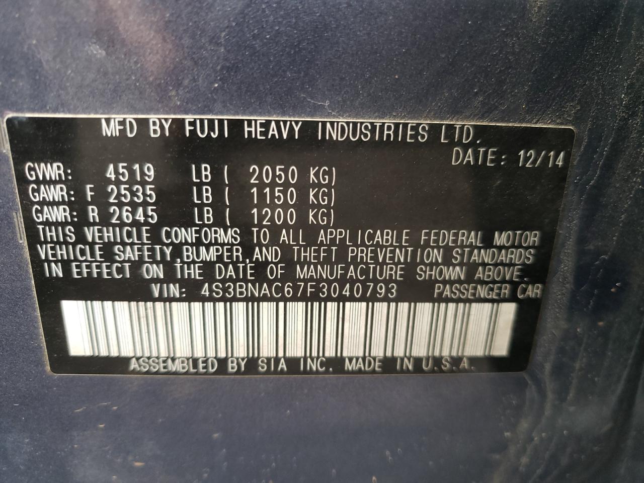 Photo 10 from auction – 2015 SUBARU LEGACY 2.5 with VIN 4S3BNAC67F3040793