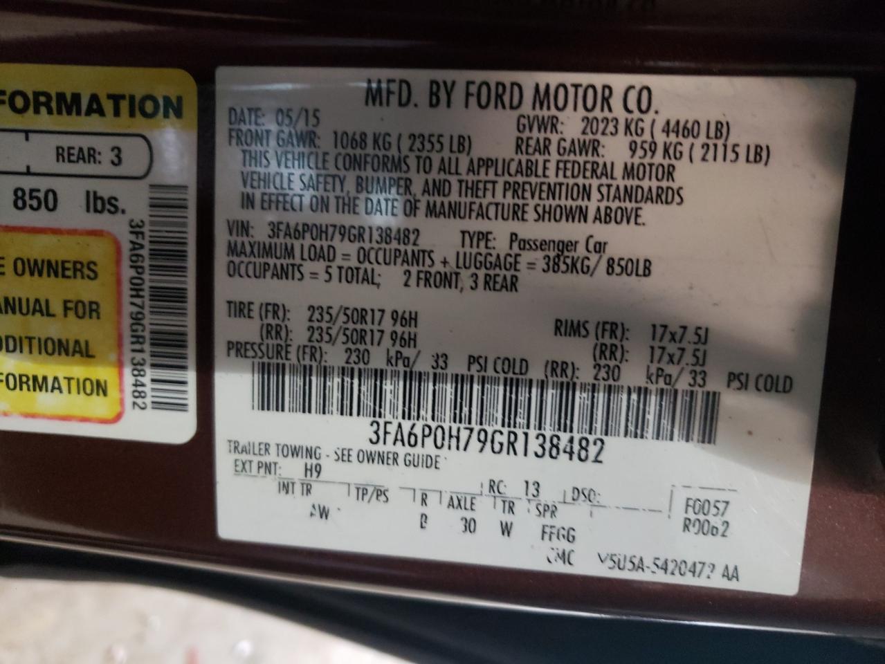 Photo 10 from auction – 2016 FORD FUSION SE with VIN 3FA6P0H79GR138482