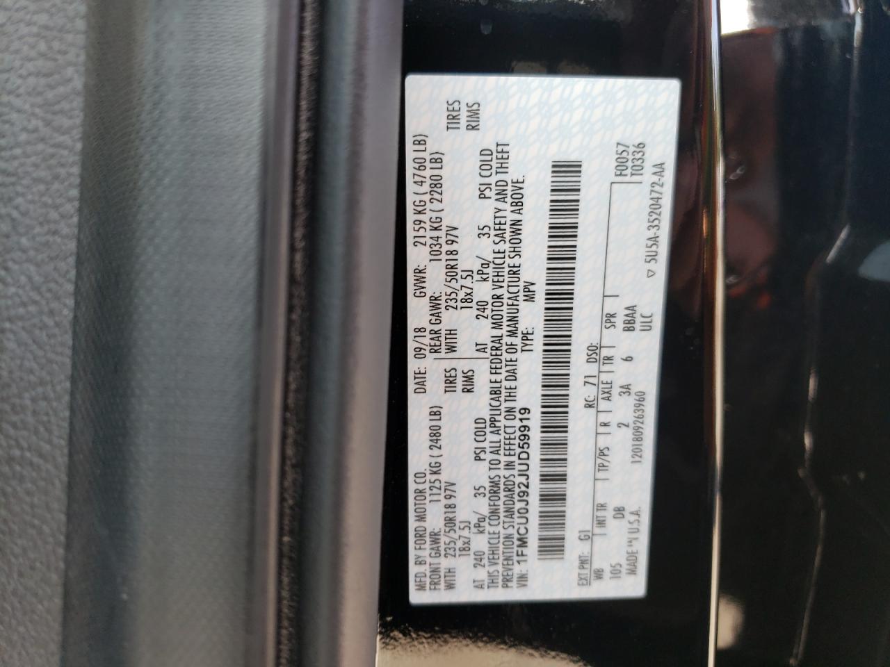 Photo 10 from auction – 2018 FORD ESCAPE TIT with VIN 1FMCU0J92JUD59919