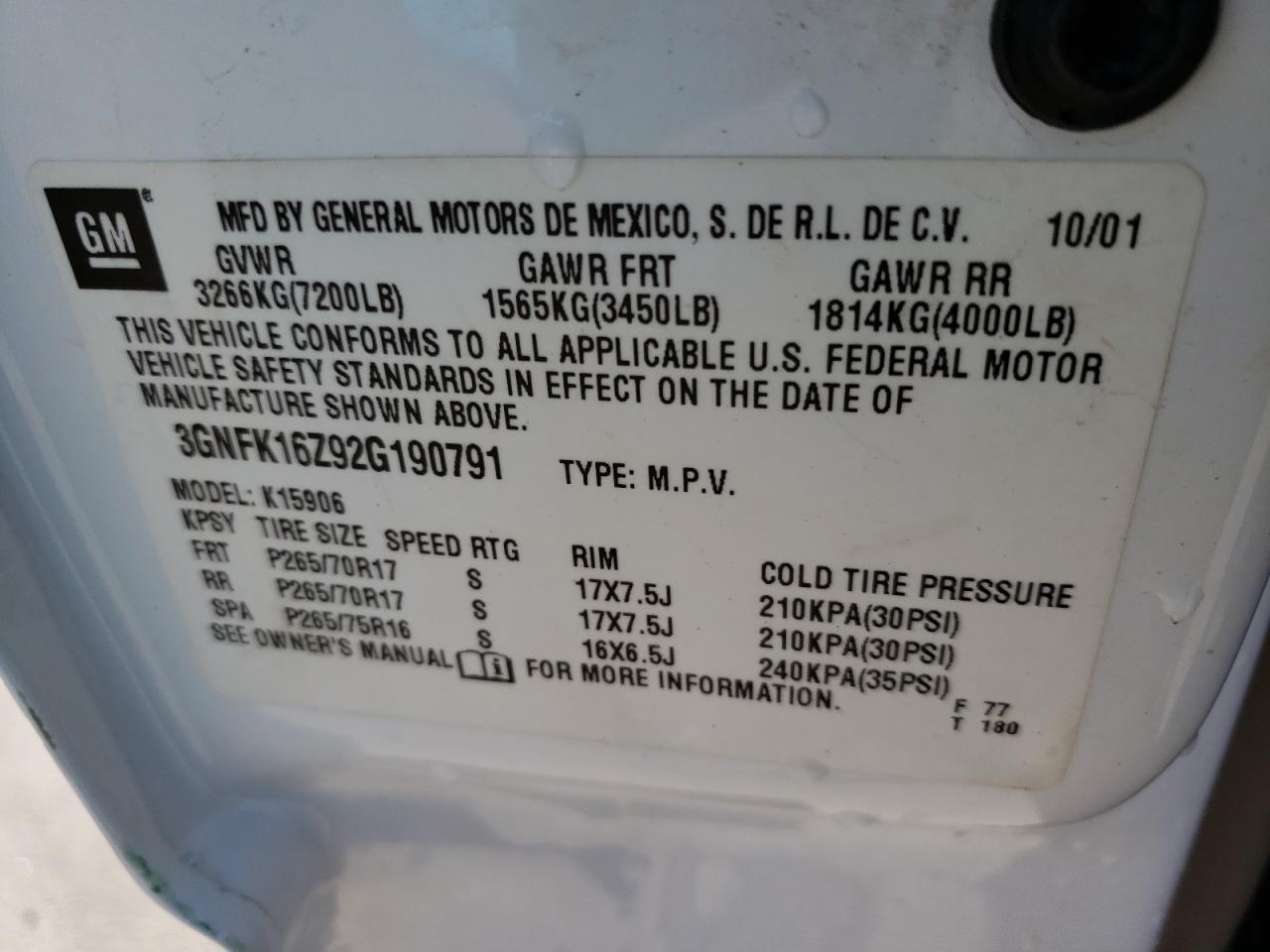 Photo 10 from auction – 2002 CHEVROLET SUBURBAN K with VIN 3GNFK16Z92G190791