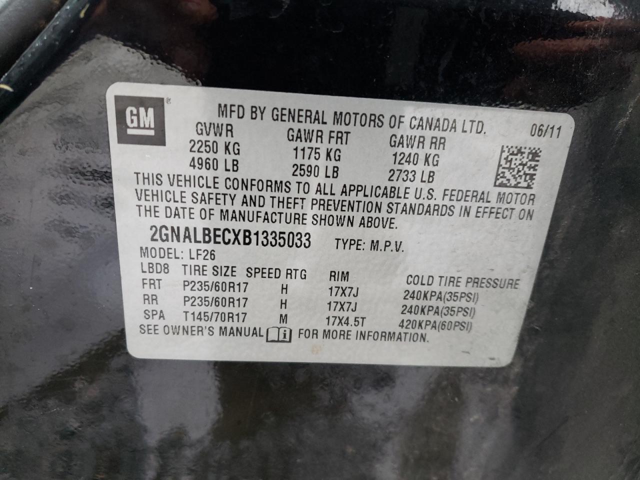 Photo 10 from auction – 2011 CHEVROLET EQUINOX with VIN 2GNALBECXB1335033