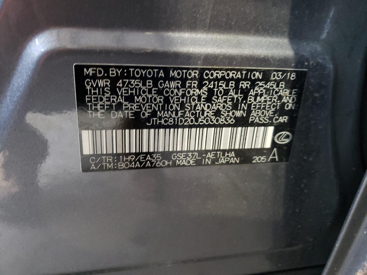 Photo 10 from auction – 2018 LEXUS IS 300 with VIN JTHC81D20J5030836