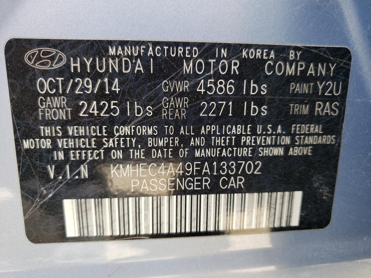 Photo 10 from auction – 2015 HYUNDAI SONATA HYB with VIN KMHEC4A49FA133702