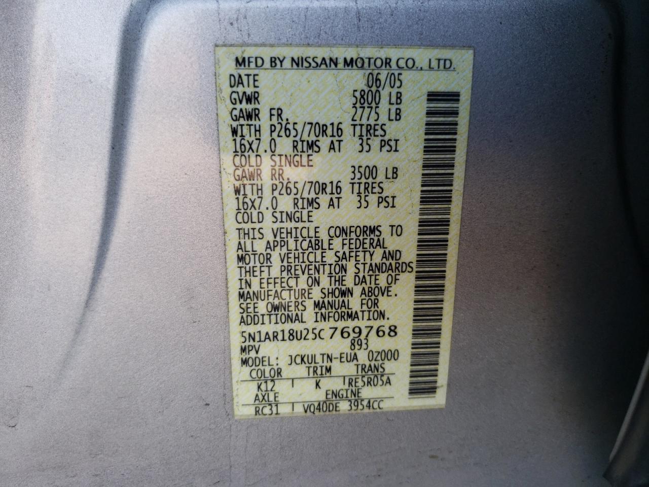 Photo 10 from auction – 2005 NISSAN PATHFINDER with VIN 5N1AR18U25C769768
