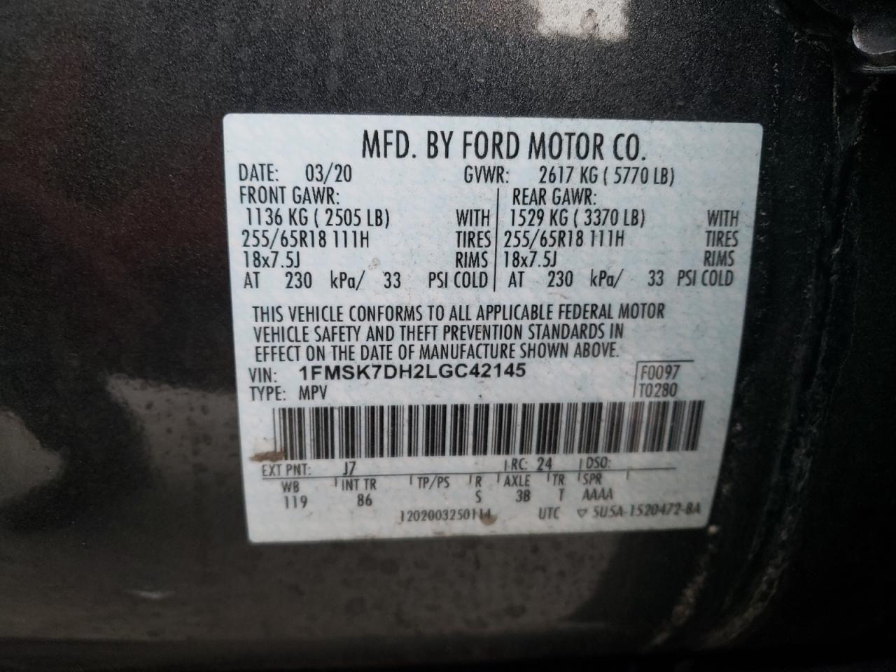 Photo 10 from auction – 2020 FORD EXPLORER X with VIN 1FMSK7DH2LGC42145