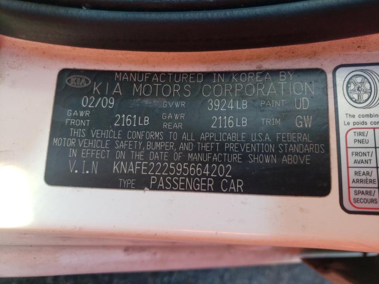 Photo 10 from auction – 2009 KIA SPECTRA EX with VIN KNAFE222595664202