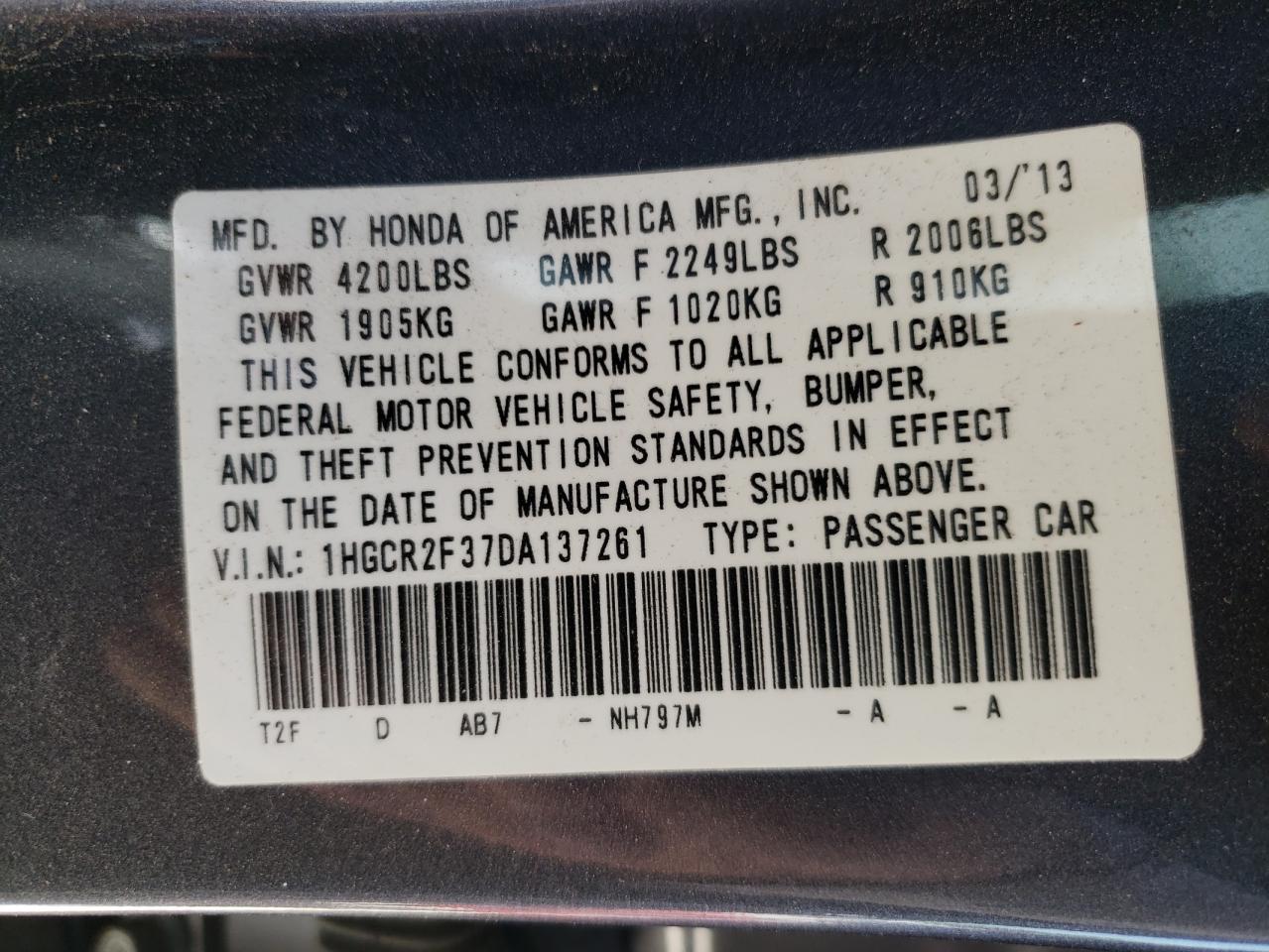 Photo 10 from auction – 2013 HONDA ACCORD LX with VIN 1HGCR2F37DA137261