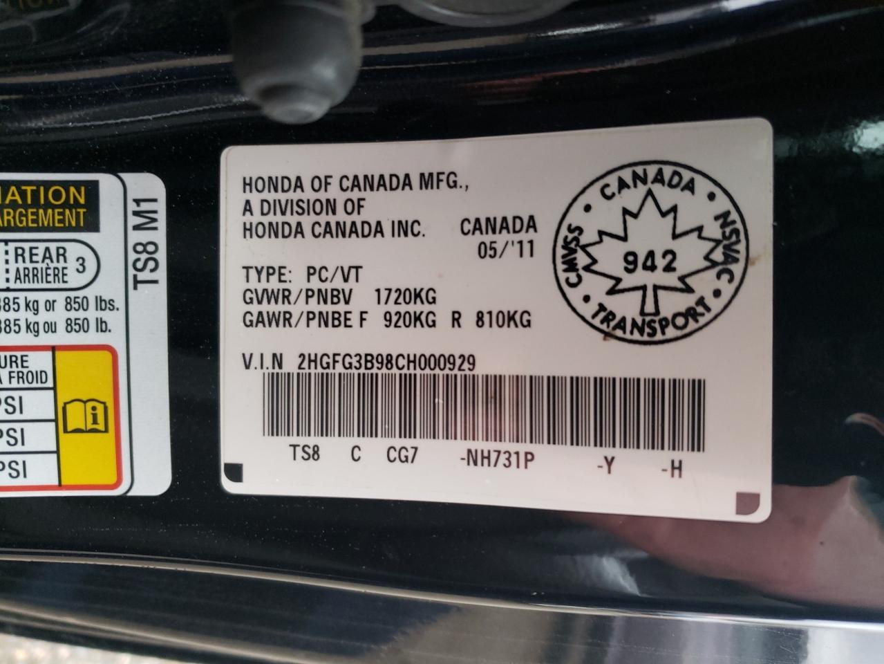 Photo 10 from auction – 2012 HONDA CIVIC EXL with VIN 2HGFG3B98CH000929