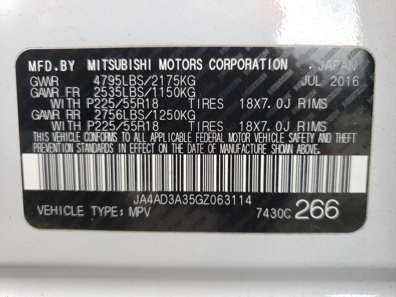 Photo 10 from auction – 2016 MITSUBISHI OUTLANDER with VIN JA4AD3A35GZ063114