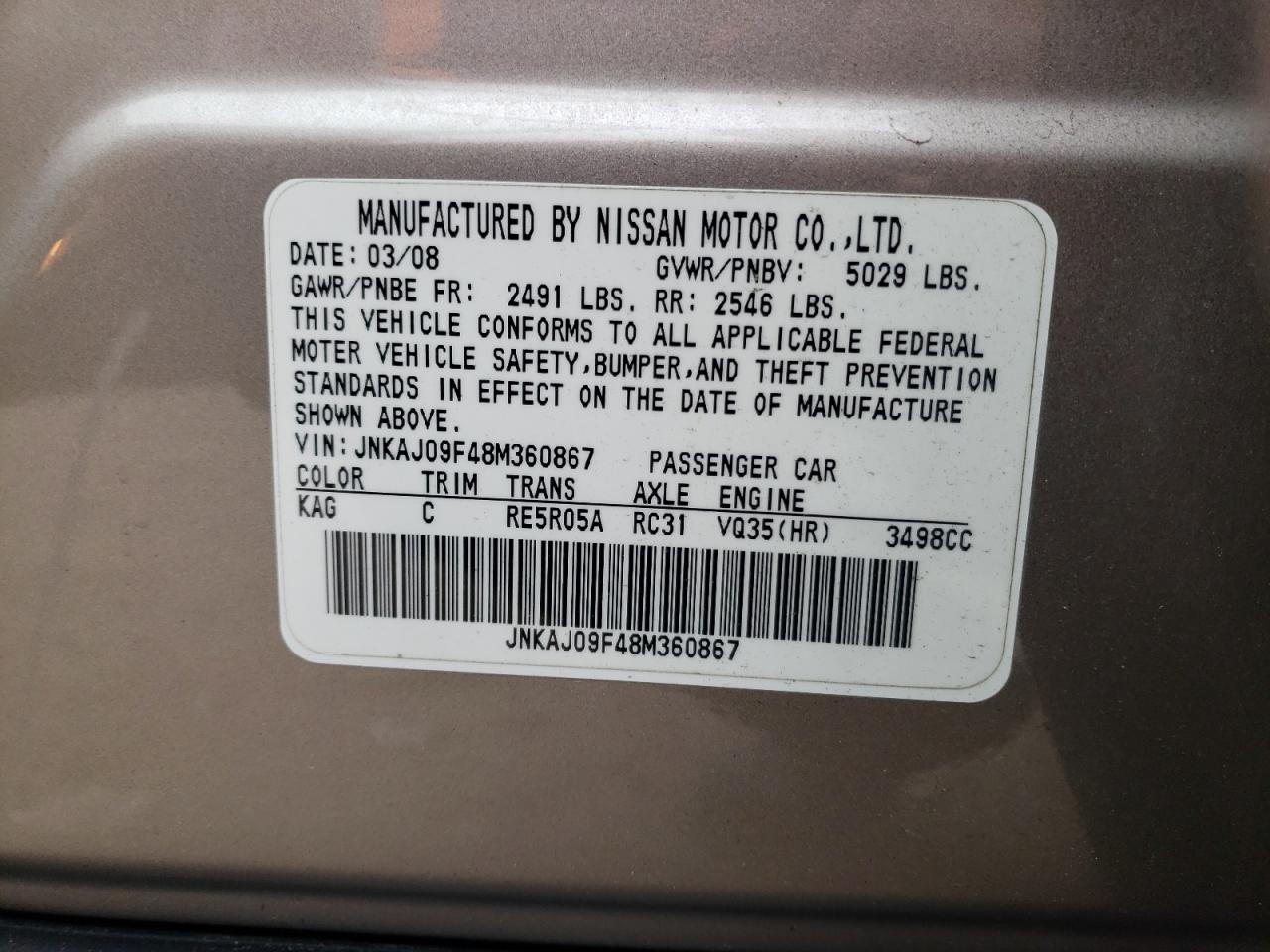 Photo 10 from auction – 2008 INFINITI EX35 BASE with VIN JNKAJ09F48M360867