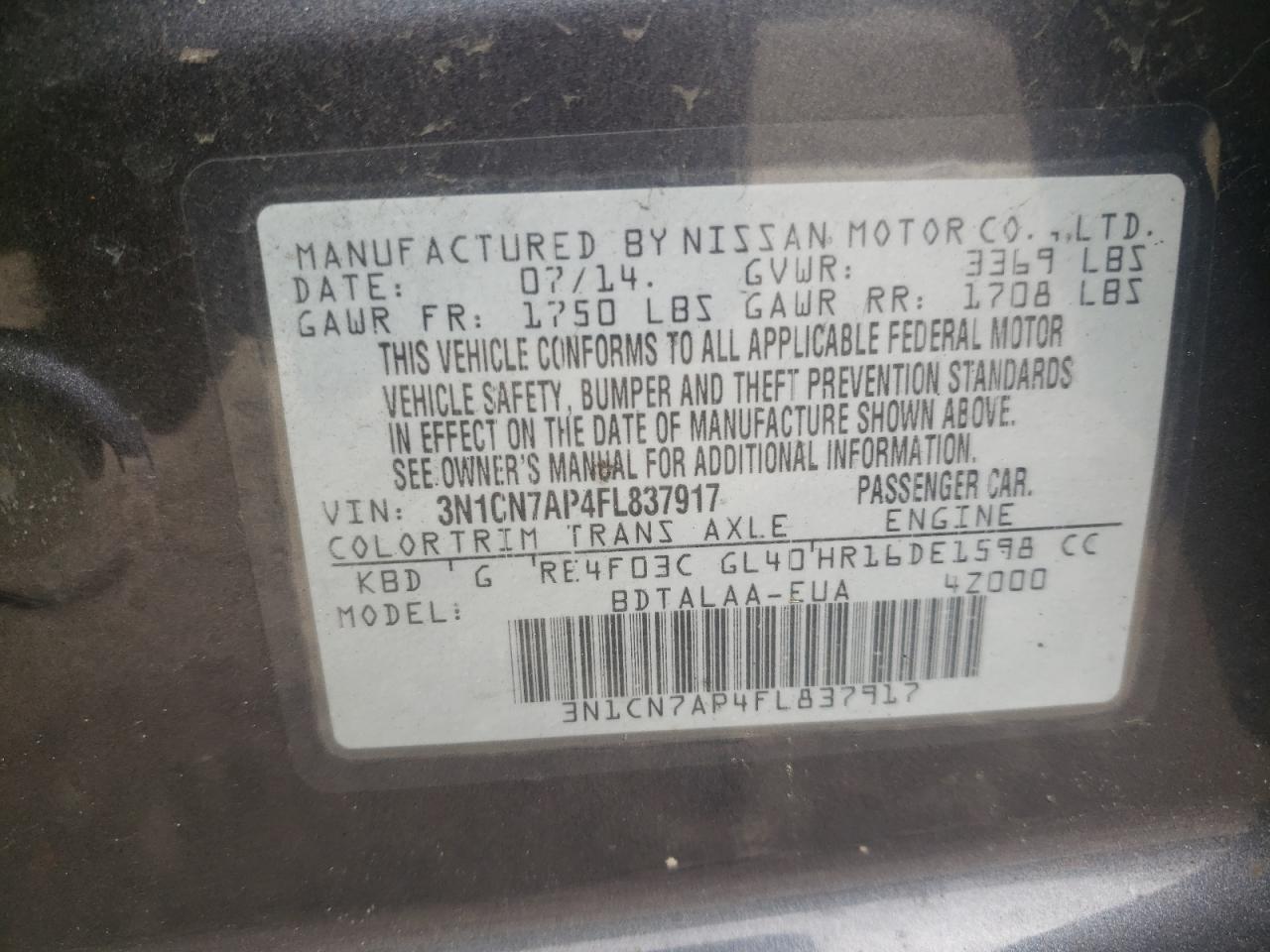 Photo 10 from auction – 2015 NISSAN VERSA S with VIN 3N1CN7AP4FL837917