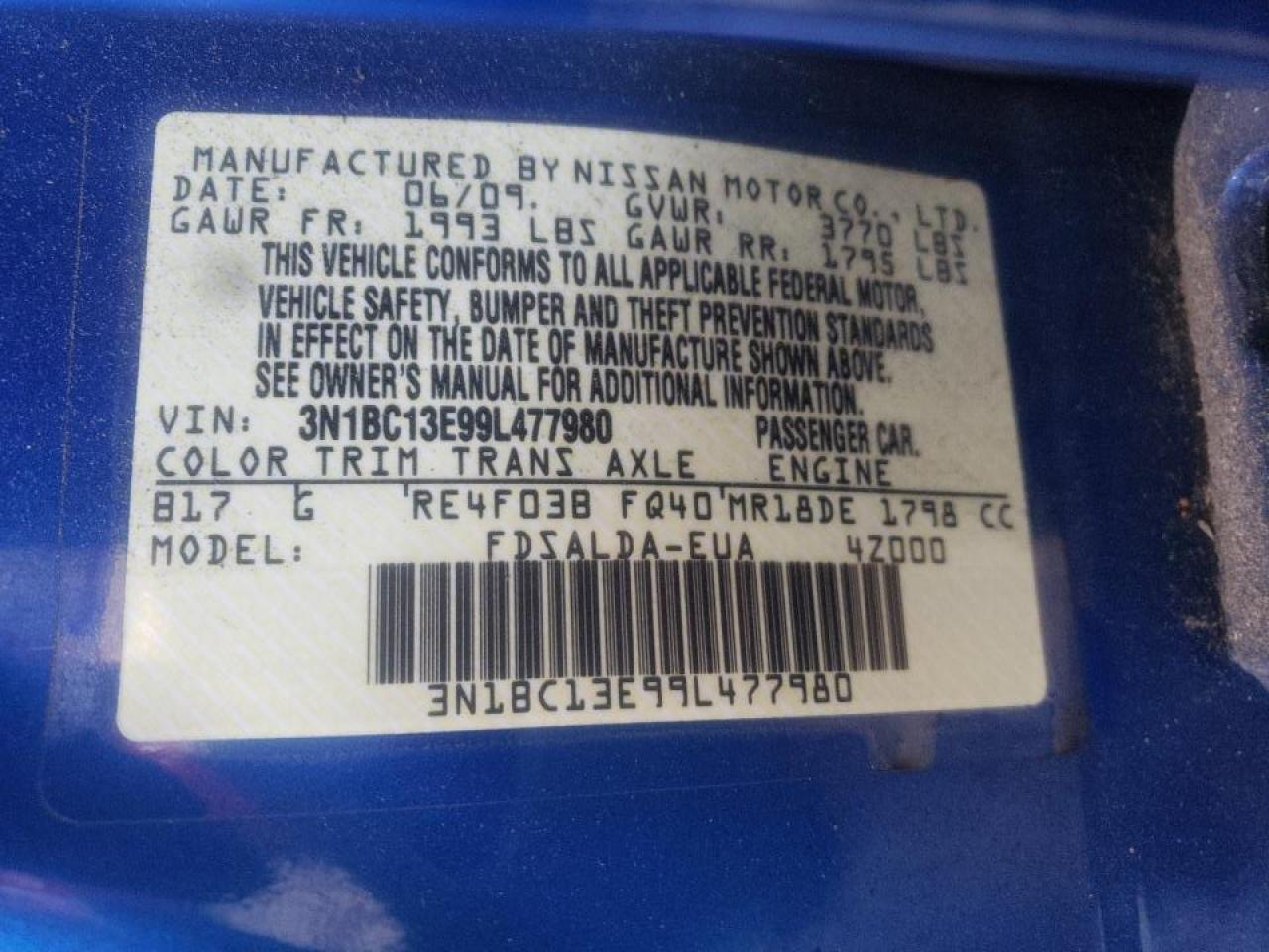 Photo 10 from auction – 2009 NISSAN VERSA S with VIN 3N1BC13E99L477980